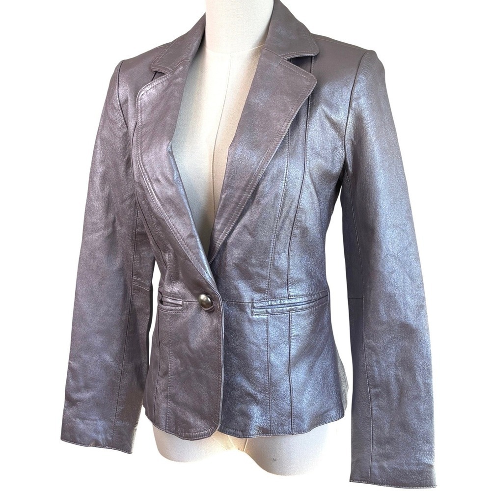 100% Leather Metallic Lilac Blazer XS Y2K Moto Glam Cyber Disco Futuristic